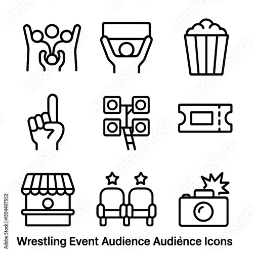 Wrestling Event Icons. Outline icon set of wrestling event audience: cheering fans, signboard, popcorn box, foam finger, stadium