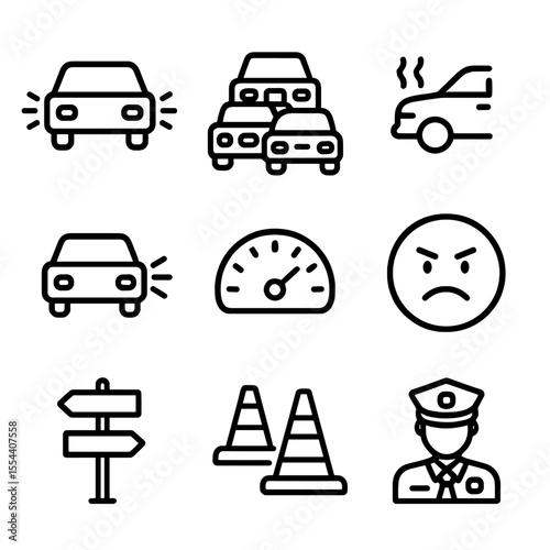 Traffic Congestion Icons. Outline icon set of traffic congestion scenarios: brake lights, traffic jam, idle car, honking horn,