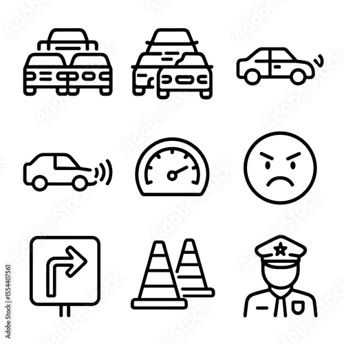 Traffic Congestion Icons. Outline icon set of traffic congestion scenarios: brake lights, traffic jam, idle car, honking horn,
