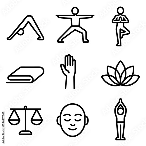 Yoga Icon Set. Outline icon set of yoga for flexibility: downward dog pose, warrior pose, tree pose, yoga mat, extended arm, lotus