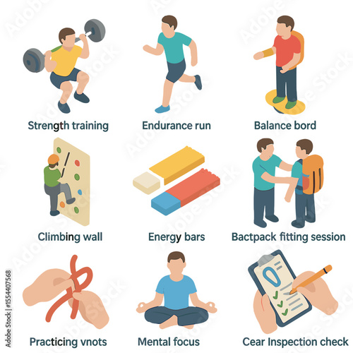 Training Icon Set. Isometric Flat icon set of Training and Physical Preparation: strength training icon, endurance run, balance