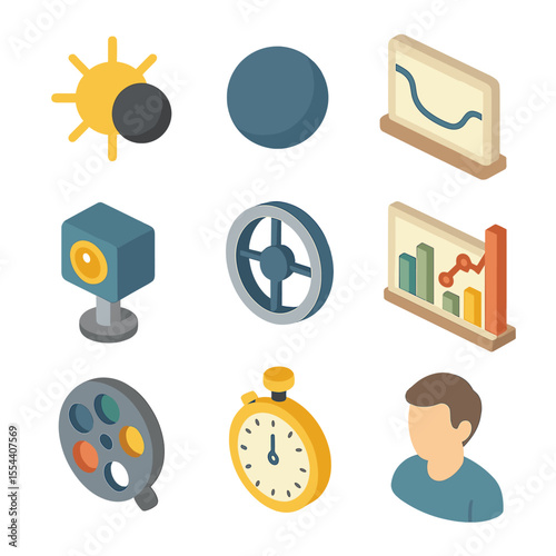 Transit Detection Icons. Isometric Flat icon set of transit method detection: star disk, planet silhouette, light curve graph,
