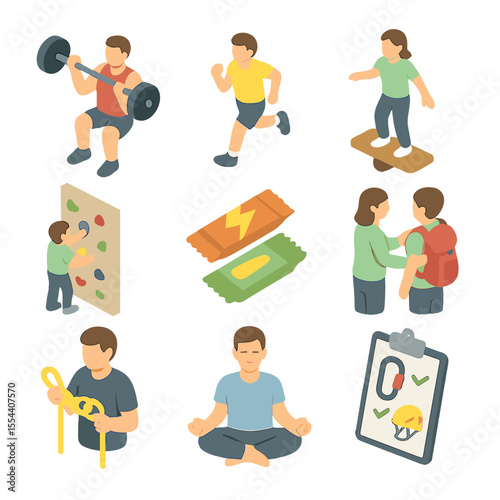 Training Icon Set. Isometric Flat icon set of Training and Physical Preparation: strength training icon, endurance run, balance