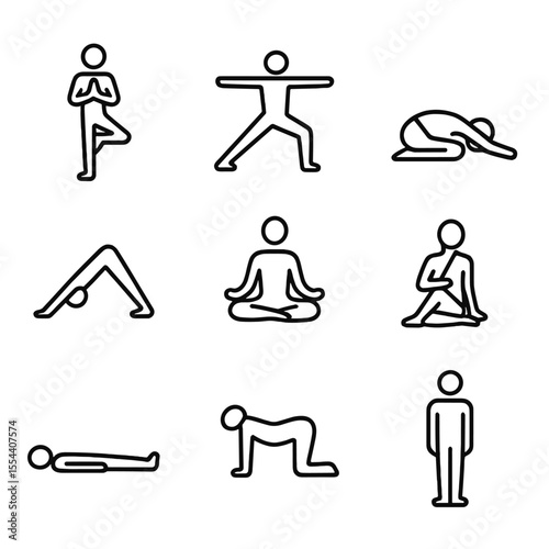 Yoga Pose Icons. Outline icon set of yoga and mindfulness poses: tree pose, warrior pose, child’s pose, downward dog, lotus pose,