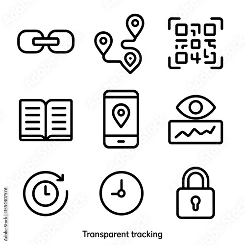 Transparent Tracking Icons. Outline icon set of transparent tracking: blockchain chain link, supply chain map, QR code scan, GPS
