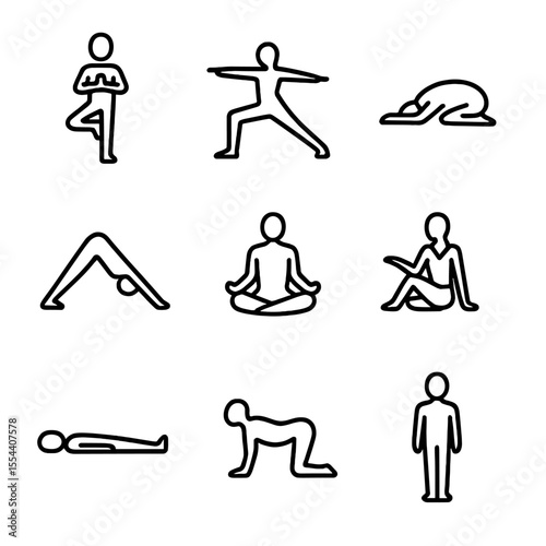 Yoga Pose Icons. Outline icon set of yoga and mindfulness poses: tree pose, warrior pose, child’s pose, downward dog, lotus pose,