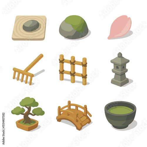 Zen Garden Icons. Isometric Flat icon set of zen rock garden with petals: raked sand pattern, moss-covered stone, fallen cherry