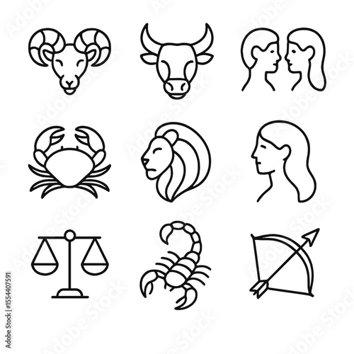 Zodiac Icon Set. Outline icon set of Zodiac Star Signs: Aries ram, Taurus bull, Gemini twins, Cancer crab, Leo lion, Virgo maiden,