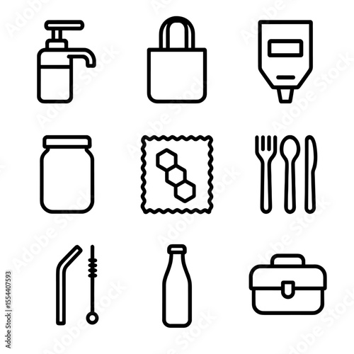 Zero-Waste Icons. Outline icon set of zero-waste packaging symbols: refill station pump, cloth bag outline, bulk bin, mason jar