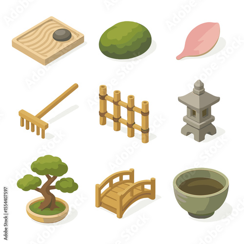 Zen Garden Icons. Isometric Flat icon set of zen rock garden with petals: raked sand pattern, moss-covered stone, fallen cherry