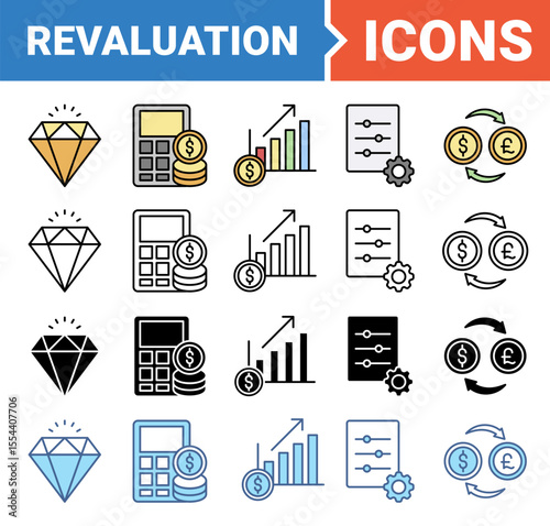 Revaluation icon set with multiple style collection.