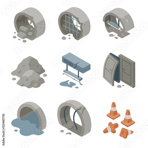 Isometric Tunnel Collapse Icons. Isometric Flat icon set of collapsed tunnel: fallen tunnel lining, exposed rebar mesh, broken
