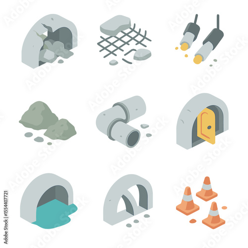 Isometric Tunnel Collapse Icons. Isometric Flat icon set of collapsed tunnel: fallen tunnel lining, exposed rebar mesh, broken