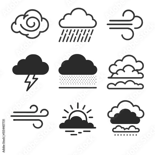 Turbulent Sky Icons. Outline icon set of turbulent sky visuals: swirling dark clouds, heavy rain lines, rolling wind currents,