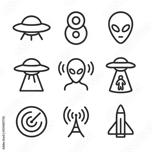 UFO Icon Set. Outline icon set of UFO and Extraterrestrial Energy: flying saucer silhouette, crop circle pattern, alien head, beam