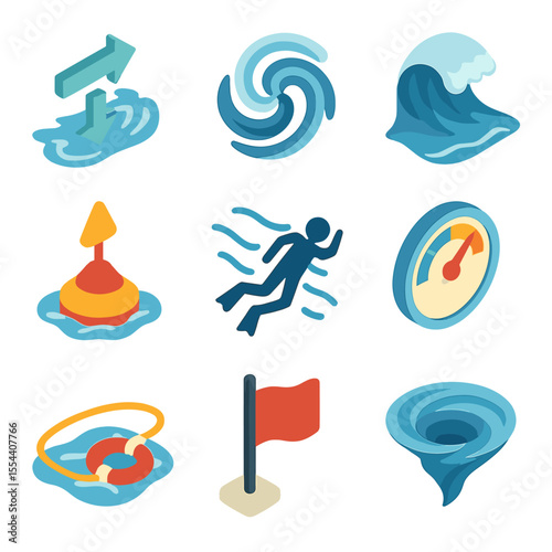 Underwater Currents Icons. Isometric Flat icon set of hazardous underwater currents: rip current arrow, undertow swirl, tidal wave