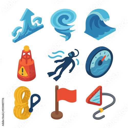 Underwater Currents Icons. Isometric Flat icon set of hazardous underwater currents: rip current arrow, undertow swirl, tidal wave