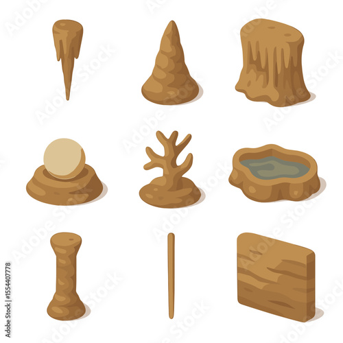 Underwater Cave Icons. Isometric Flat icon set of underwater cave geological formations: stalactite, stalagmite, flowstone, cave