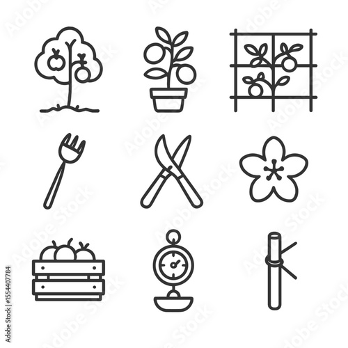 Urban Orchard Icons. Outline icon set of Urban Orchard and Fruit Trees: dwarf apple tree, citrus pot, espalier frame, fruit picker