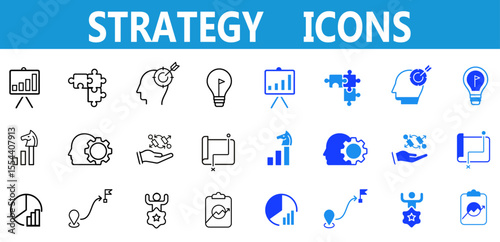 Strategy line and flat icons set. Goal, vision, mission, planning, roadmap, business model, tactics, competitive advantage, objectives icons. Editable vector illustration