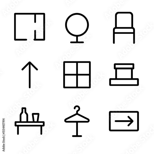 Venue Layout Icons. Outline icon set of venue layout and seating plan: floor plan, table icon, chair icon, entry arrow, dance