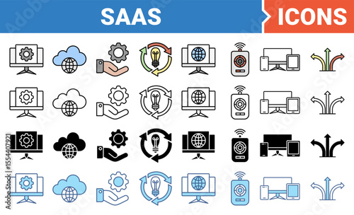 SaaS icon set with multiple style collection.