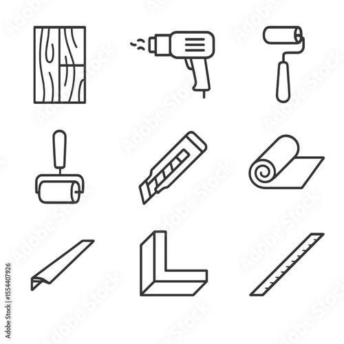 Vinyl Flooring Icon Set. Outline icon set of Vinyl Flooring Installation: vinyl plank, heat gun, seam roller, adhesive roller,