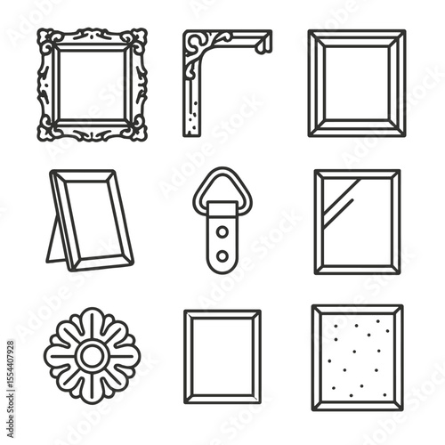Vintage Frame Icons. Outline icon set of vintage wooden frames: ornate wood frame, carved corner, distressed finish, matboard,