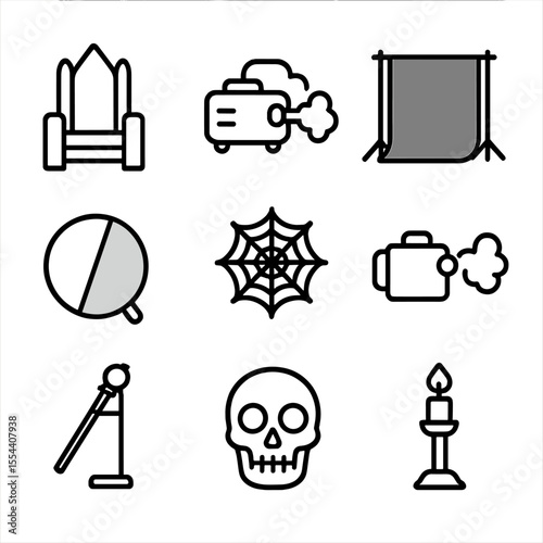 Villain Photoshoot Icons. Outline icon set of Villain Photoshoot Props: throne, smoke machine, dark backdrop stand, light