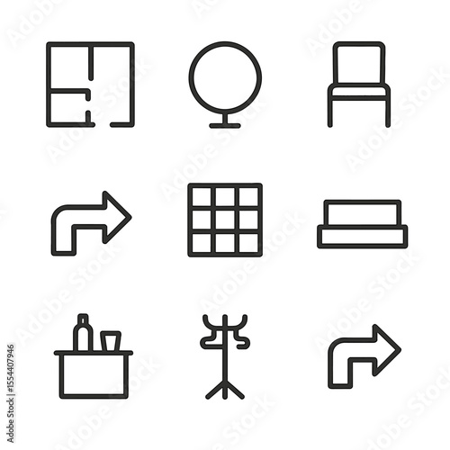 Venue Layout Icons. Outline icon set of venue layout and seating plan: floor plan, table icon, chair icon, entry arrow, dance