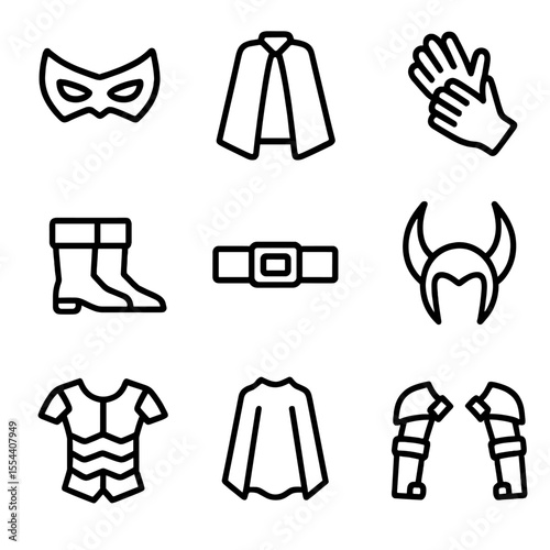 Villain Costume Icons. Outline icon set of Villain Costume Essentials: mask, cloak, gloves, boots, belt, headdress, armor plate,