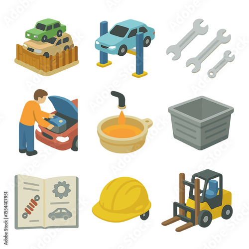 Vehicle Dismantling Icons. Isometric Flat icon set of end-of-life vehicle dismantling: scrapyard area, car lift, wrench set,