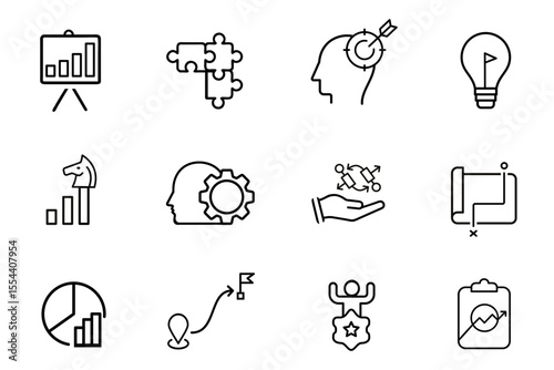 Strategy line stroke icons set. Goal, vision, mission, planning, roadmap, business model, tactics, competitive advantage, objectives icons. Editable vector illustration