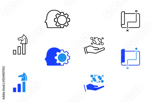Strategy line and flat icons set. Goal, vision, mission, planning, roadmap, business model, tactics, competitive advantage, objectives icons. Editable vector illustration