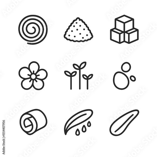Vegan Plating Icons. Outline icon set of Vegan and Plant-Based Plating Art: colorful vegetable spiral, grain mound, tofu cube