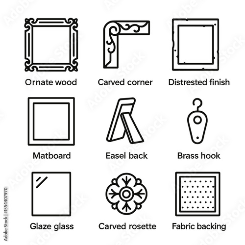 Vintage Frame Icons. Outline icon set of vintage wooden frames: ornate wood frame, carved corner, distressed finish, matboard,