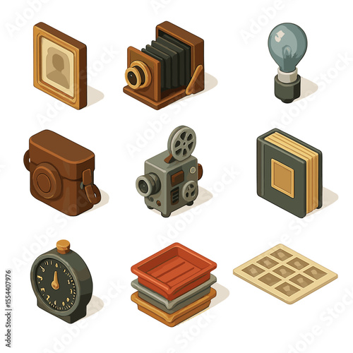 Vintage Photography Icons. Isometric Flat icon set of vintage photography props: antique photo frame, bellows camera, flash bulb,