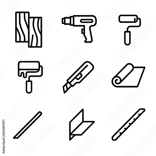 Vinyl Flooring Icon Set. Outline icon set of Vinyl Flooring Installation: vinyl plank, heat gun, seam roller, adhesive roller,