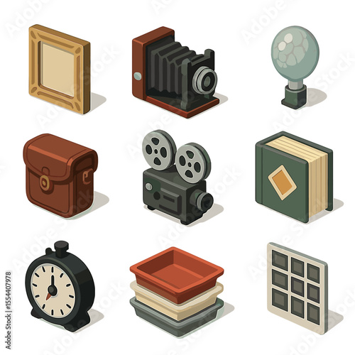 Vintage Photography Icons. Isometric Flat icon set of vintage photography props: antique photo frame, bellows camera, flash bulb,