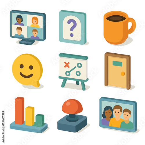 Virtual Team Building Icons. Isometric Flat icon set of virtual team-building activities: video conference screen, icebreaker