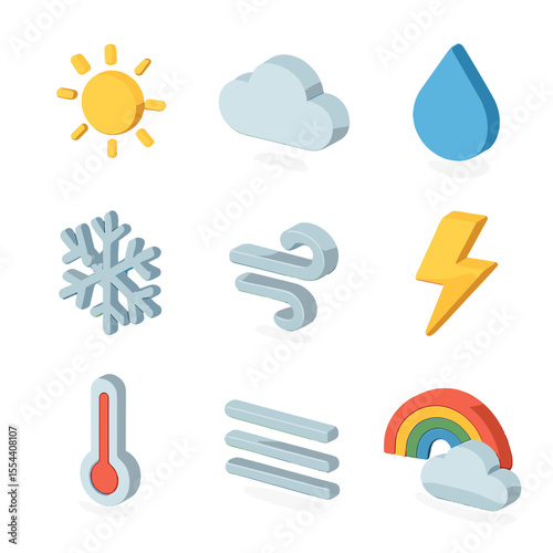 Weather Icons Set. Isometric Flat icon set of weather changes: sun, cloud, raindrop, snowflake, wind swirl, lightning bolt,