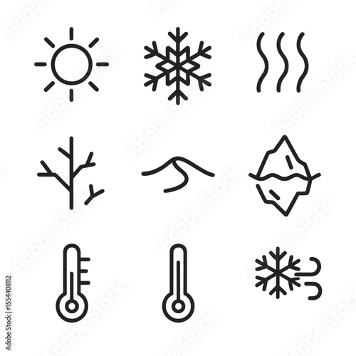 Weather Icon Set. Outline icon set of weather temperature extremes: sun icon, snowflake icon, heat wave lines, frost crack, desert