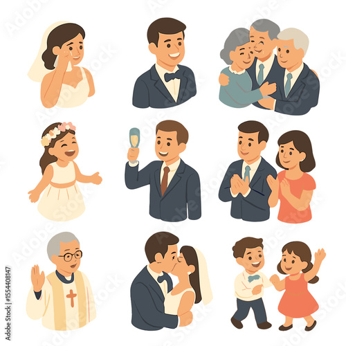 Wedding Day Emotions. Isometric Flat icon set of Wedding Day Emotions: bride wiping happy tears, groom beaming smile, parents