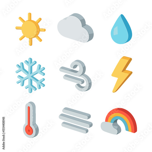 Weather Icons Set. Isometric Flat icon set of weather changes: sun, cloud, raindrop, snowflake, wind swirl, lightning bolt,
