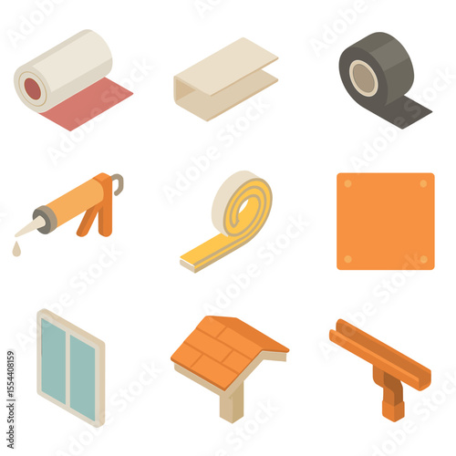 Weatherproofing Icons Set. Isometric Flat icon set of weatherproofing exterior walls: house wrap roll, drip edge, flashing tape,