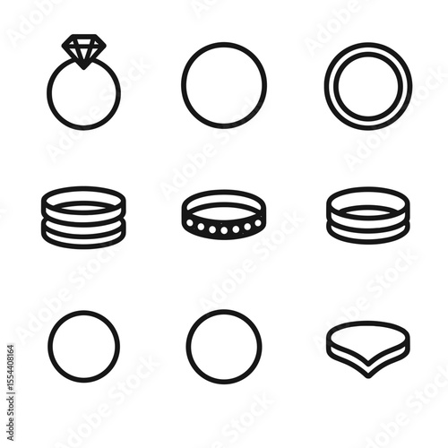 Wedding Ring Icons. Outline icon set of wedding ring stacks: engagement ring, wedding band, eternity band, guard ring, anniversary