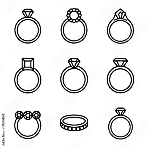 Wedding Ring Icons. Outline icon set of wedding ring varieties: solitaire ring, halo ring, vintage ring, princess cut, round cut,