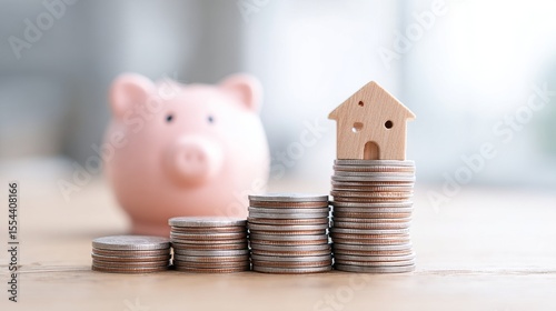 Beside mounting stacks of golden coins, a pink piggy bank is situated, ultimately leading to a small wooden house perched atop the highest pile, signifying financial advancement towards home