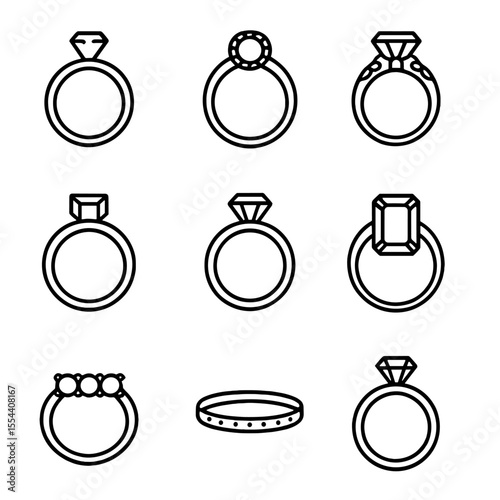 Wedding Ring Icons. Outline icon set of wedding ring varieties: solitaire ring, halo ring, vintage ring, princess cut, round cut,