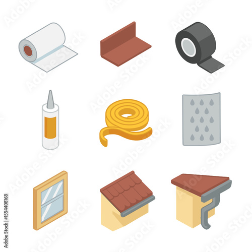 Weatherproofing Icons Set. Isometric Flat icon set of weatherproofing exterior walls: house wrap roll, drip edge, flashing tape,